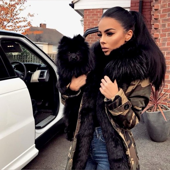 Black Faux Fur Trim Hood Army Camouflage Coat - Picture 2 of 14